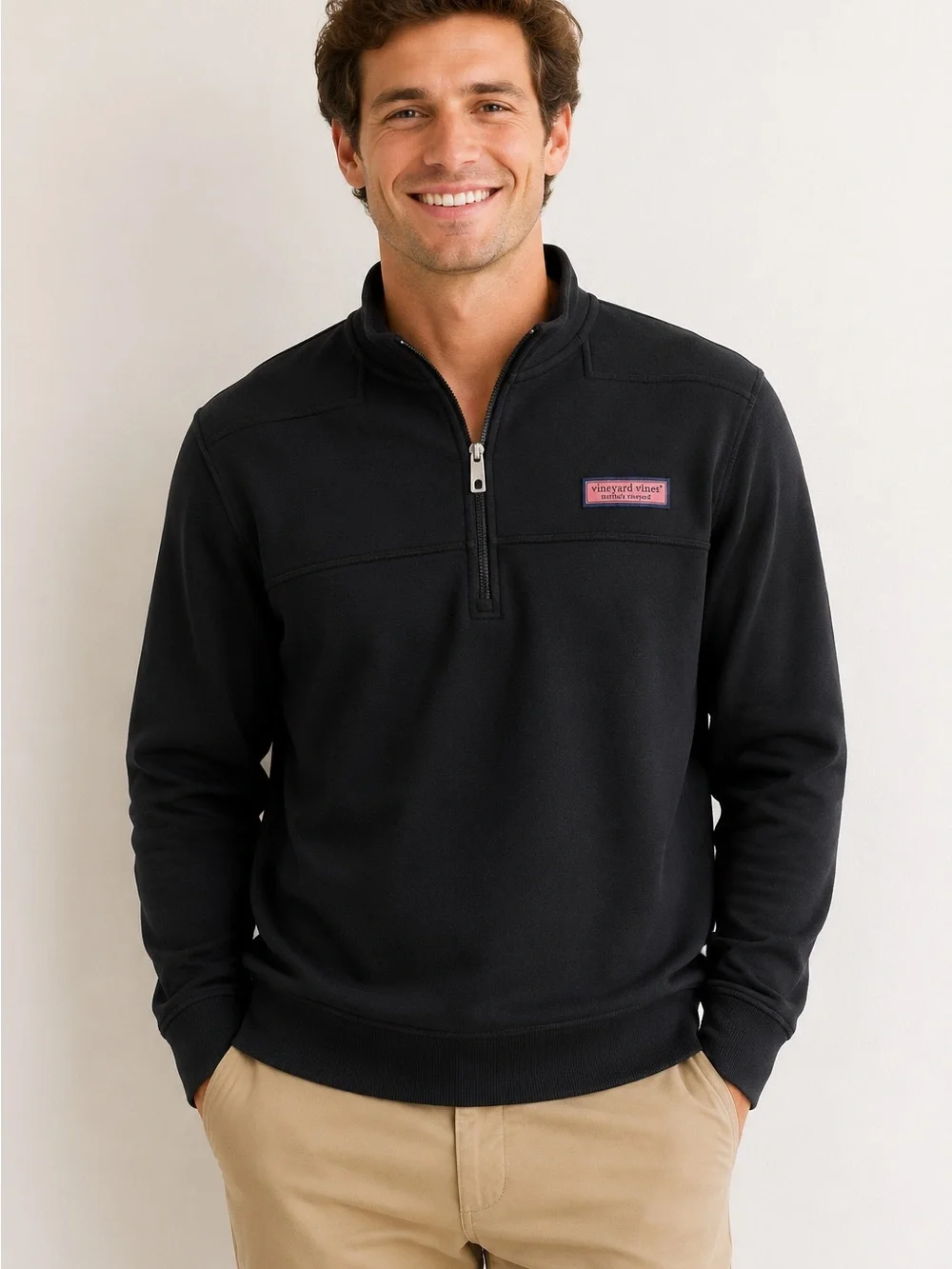Vineyard Vines Black Quarter-Zip Pullover with Pink Logo Patch